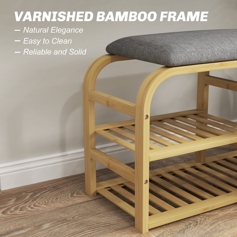 HOMCOM Bamboo Shoe Bench with Cushion, Shoe Rack Bench with 2 Slatted Shelves and Pull-Out Fabric Basket for Hallway, Entryway, Living Room, Nature Wood Finish