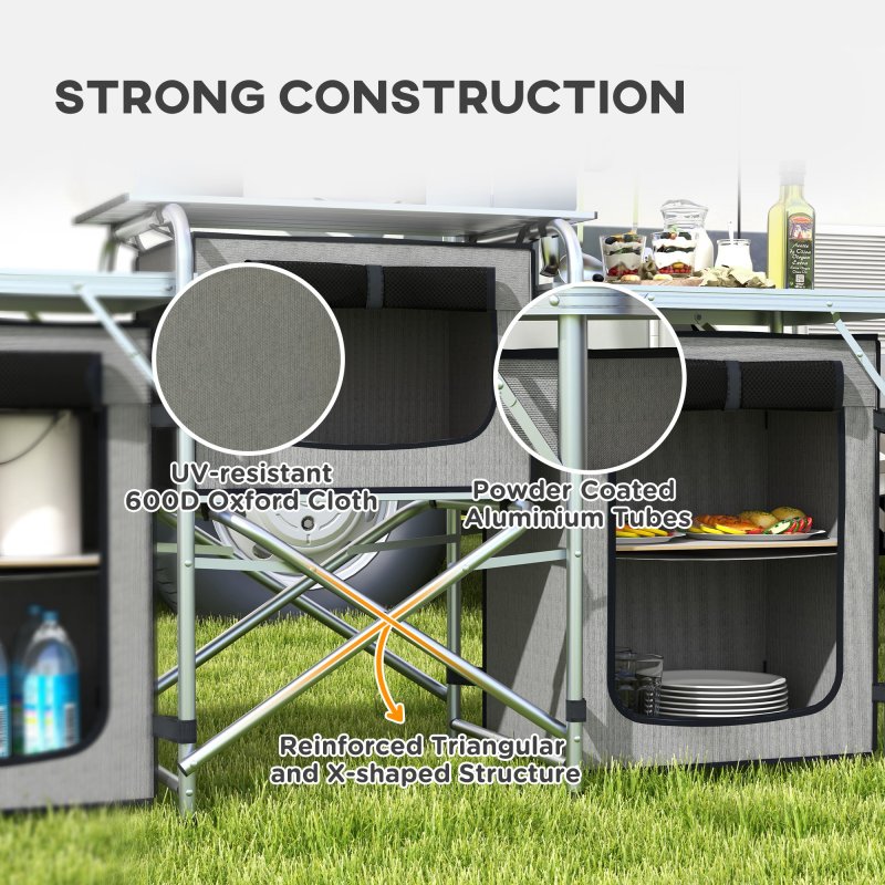 Outsunny Folding Camping Kitchen, Portable Aluminium Camping Table with 3 Fabric Cupboards, Windshield, Light Stand, Carrying Bag for BBQ, RV, Picnic, Grey