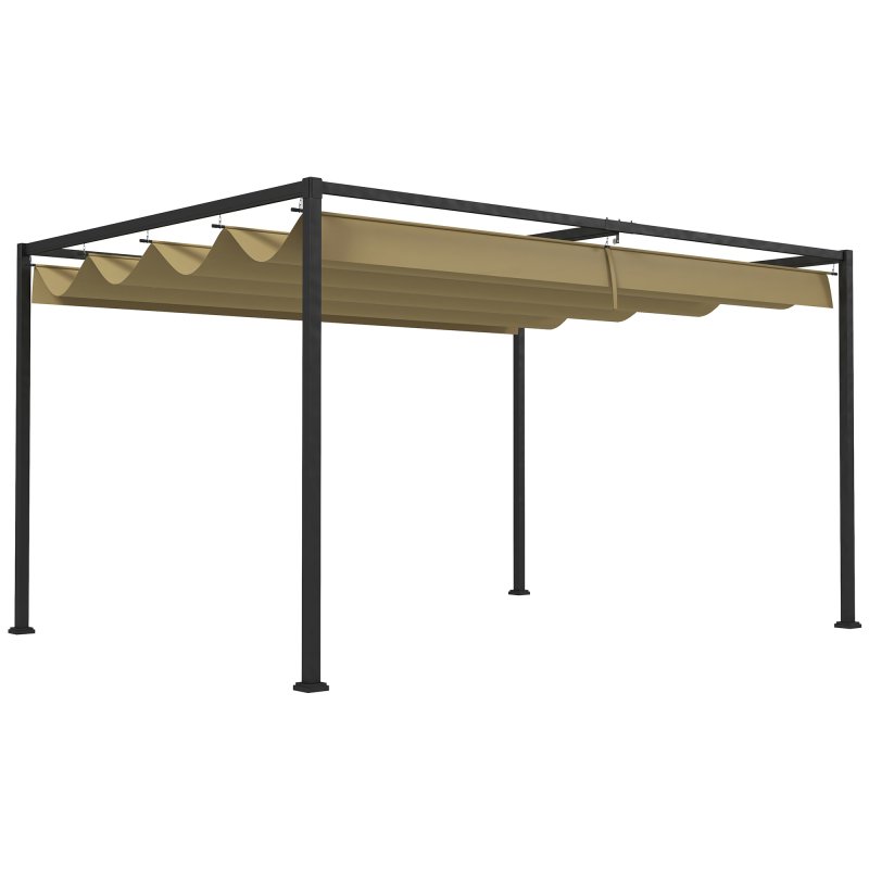 Outsunny 4 x 3(m) Metal Outdoor Pergola with Retractable Roof, Outdoor Gazebo Canopy Shelter with Drainage Holes for Garden, Patio, Lawn, Khaki
