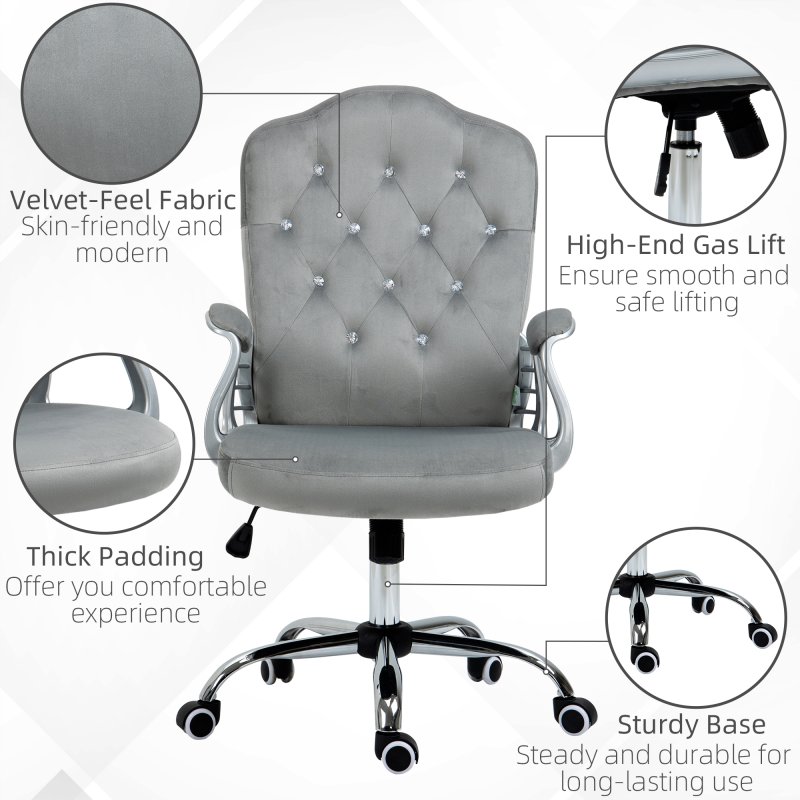 Vinsetto Home Office Chair, Velvet Computer Chair, Button Tufted Backrest with Swivel Wheels, Adjustable Height and Tilt Function, Grey