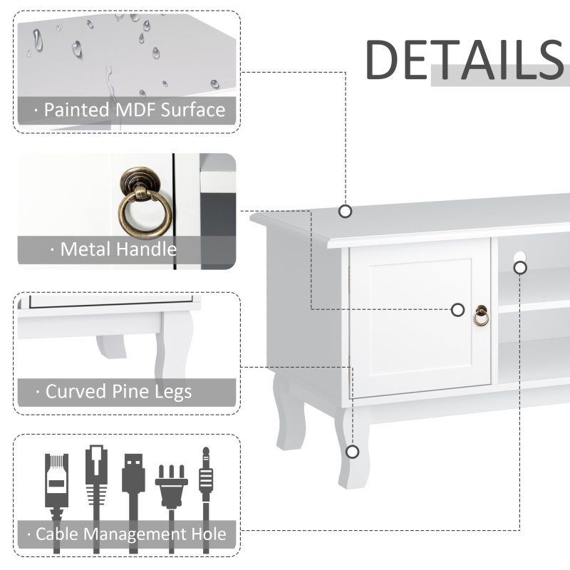 HOMCOM TV Unit up to 55", 2 Doors TV Cabinet with Open Storage Shelves and Cable Management for Living Room, Bedroom, Entertainment Room, 120L x 45W x 50.5H, White