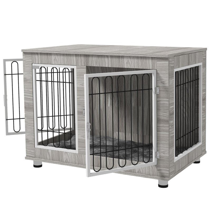 PawHut Dog Crate Furniture, Side End Table, Indoor Dog Kennel with Soft Washable Cushion, Wire Mesh, Large Top, for Large Dogs, 106 x 74 x 81.5, Grey