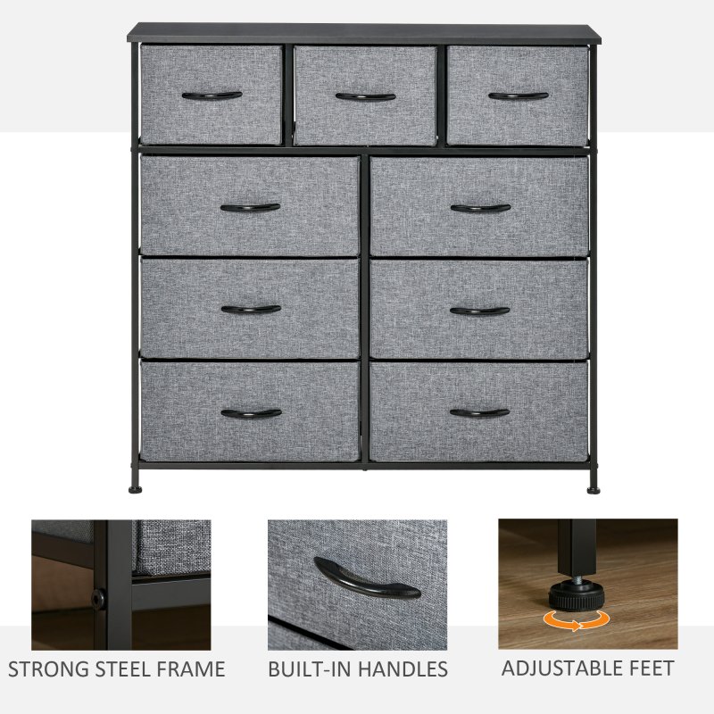 HOMCOM 9 Drawers Storage Chest Dresser Organizer Unit w/ Steel Frame, Wood Top, Easy Pull Fabric Bins, for Bedroom, Hallway, Entryway, Black & Grey