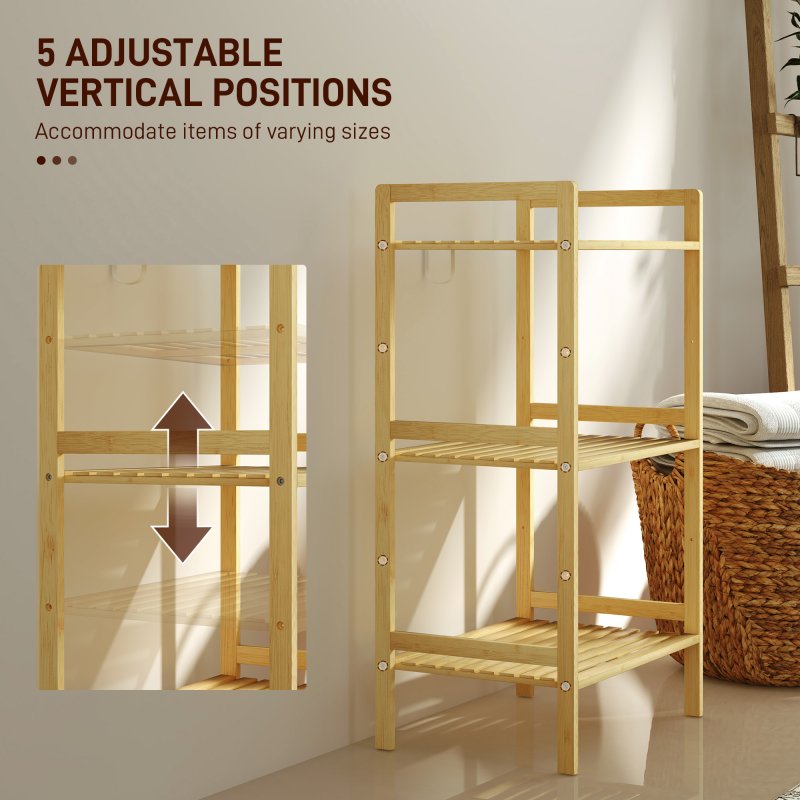 HOMCOM 3-Tier Bamboo Bathroom Storage Shelf, Freestanding Shelving Unit with Adjustable Rack for Kitchen Bathroom Living Room