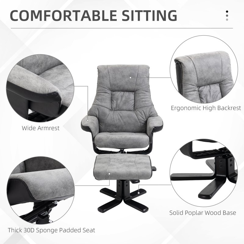 HOMCOM Recliner Chair With Footstool, Swivel Lounge Armchair, 135° Reclining Chair With Soft Padded Seat and Armrest For Living Room, Bedroom, Grey