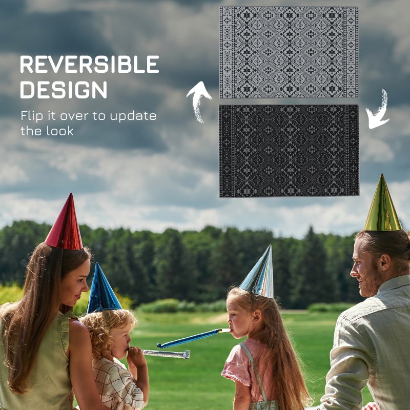 Outsunny Reversible Outdoor Rug with Carry Bag, Waterproof Plastic Straw Mat for Garden, Deck, RV, Picnic, Beach, Camping, 182 x 274cm, Black and Grey