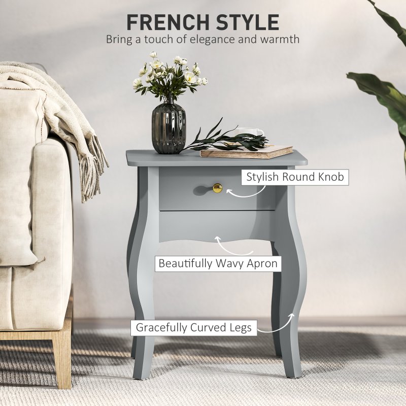 HOMCOM French Style Side Table with Drawer, End Table with Curved Legs, Bedside Table for Living Room, Bedroom, Grey