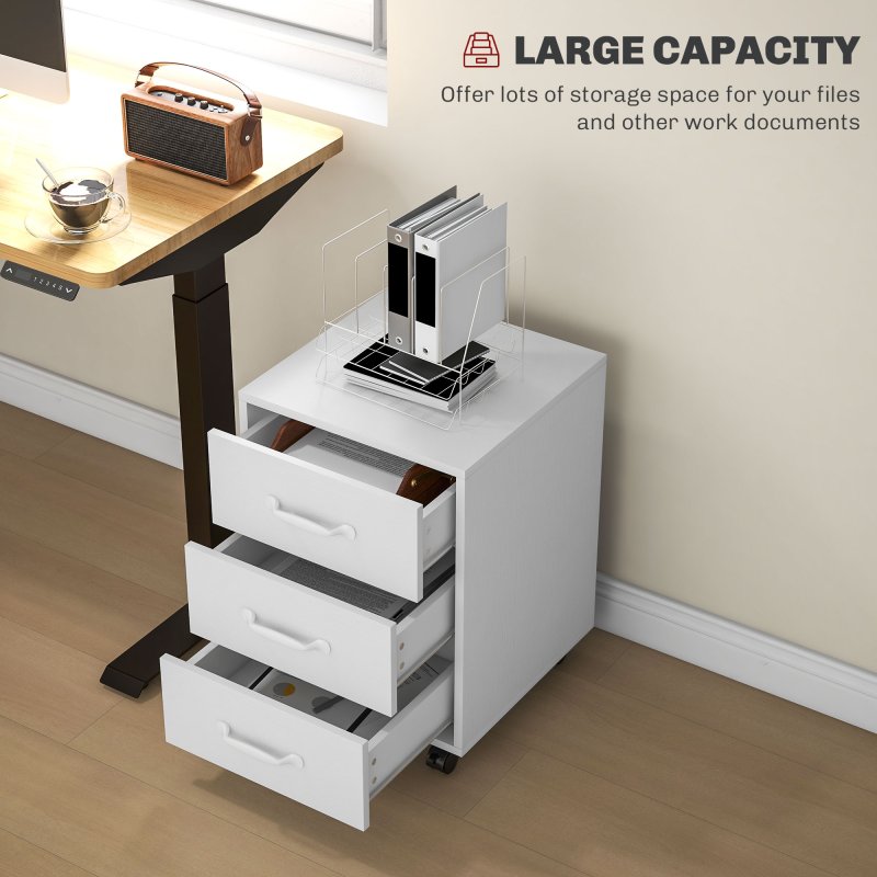 HOMCOM 3-Drawer Filing Cabinet, Mobile File Cabinet for Home Office, Small Rolling Filing Cabinet, Printer Stand, Under Desk File Cabinet for A4, Letter-Size Files, White Wood Grain