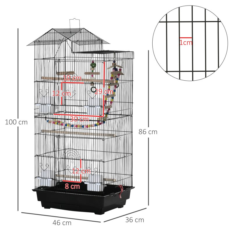 PawHut Bird Cage for Budgies, Finches, Canaries w/ Accessories, Toys, Tray, Handle, 46 x 36 x 100cm - Black