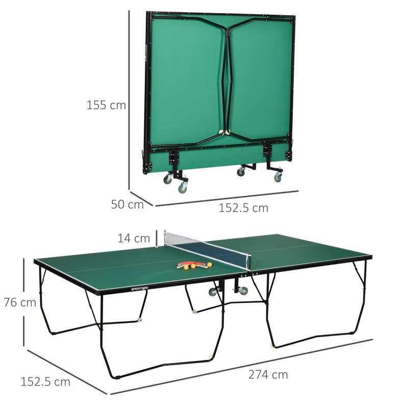 SPORTNOW 9FT Folding Table Tennis Table, Portable Full-Size Ping Pong Table w/ 8 Wheels, 2 Bats, 3 Balls, Quick Set-Up Indoor Game Table - Green