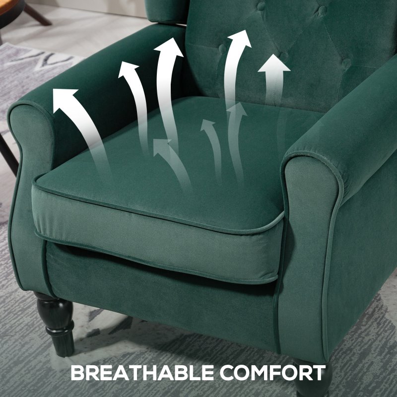 HOMCOM Retro Accent Chair, Velvet Wingback Armchair with Wood Frame Button Tufted Design for Living Room Bedroom, Green