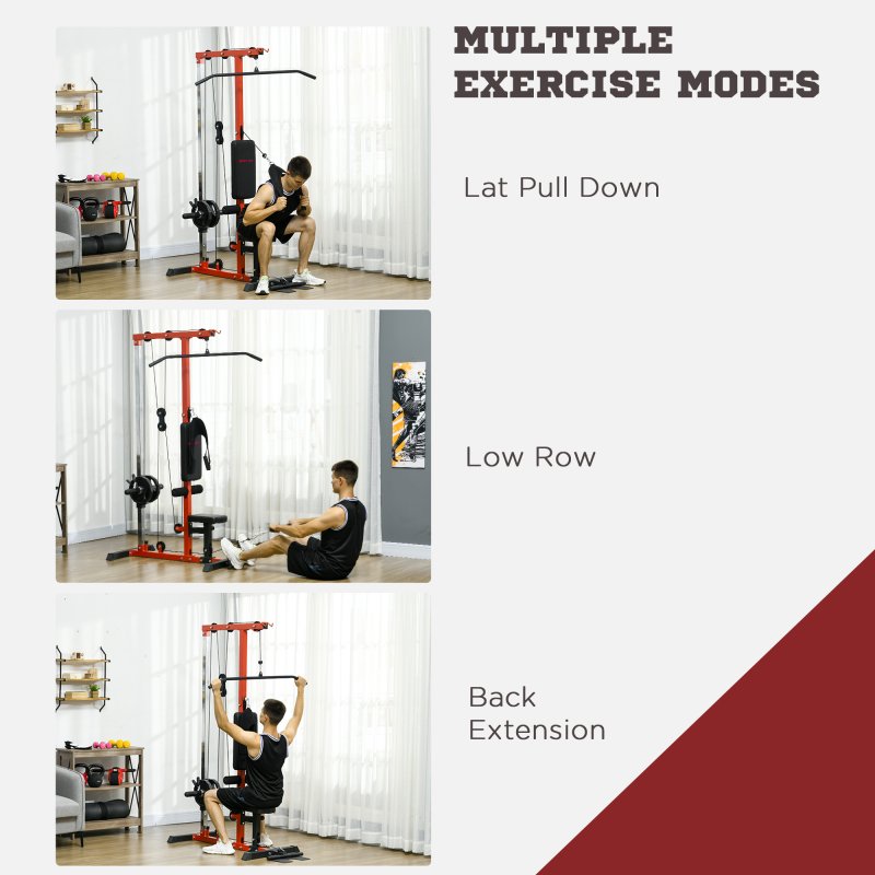 SPORTNOW Lat Pull Down Machine with Adjustable Seat, High and Low Pulley Cable Machine with Flip-Up Footplate, Multi-Function Home Gym Fitness Equipment - Red