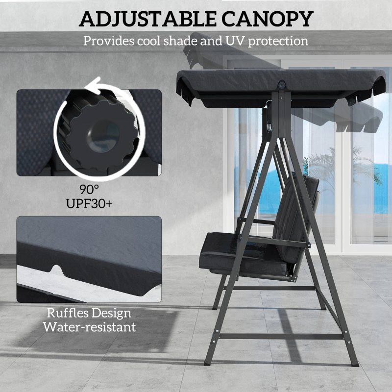 Outsunny 3 Seater Garden Swing Seat with UPF30+ Adjustable Canopy, Swing Chair with Cushion, Outdoor Hammock Bench for Balcony Patio, Dark Grey