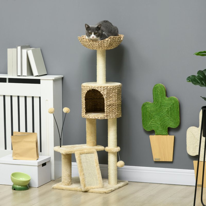 PawHut 116cm Cat Tree for Indoor Cats, Cat Tower with Scratching Posts, Ramp, Cat House, Toy Balls, Platforms, Bed, Ramp - Beige