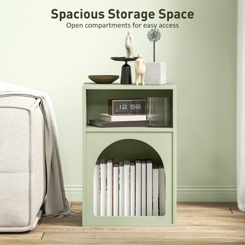 HOMCOM Bedside Table, Modern Bedside Cabinet with 2 Open Compartments and Unique Arch Design, Side Table for Living Room, Bedroom, Light Green