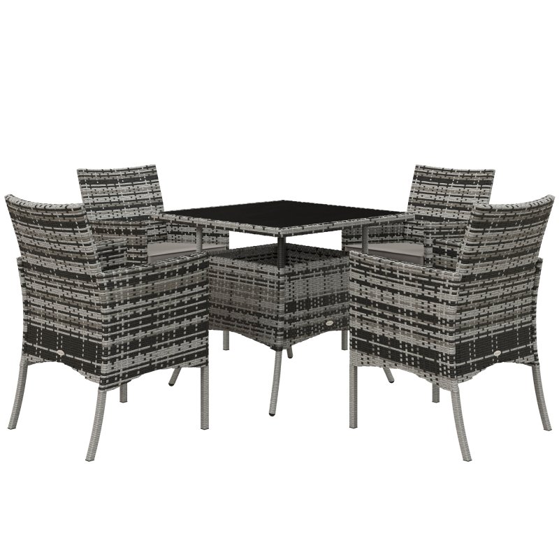 Outsunny 4 Seater Rattan Dining Set with Cushions, 5 Pieces Garden Dining Set with Glass Tabletop, PE Rattan Garden Furniture Set with Dining Table and Armchairs for Patio, Balcony, Mixed Grey