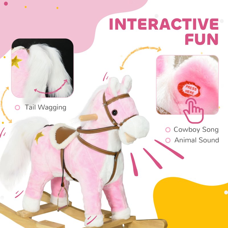 HOMCOM Kids Rocking Horse, Plush Ride On Horse with Music, Sound, Saddle, Wooden Base, Ride On Toy for Ages 3-6 Years - Pink