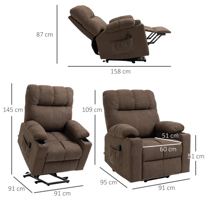 HOMCOM Power Lift Chair Recliner for Elderly, Velvet-touch Fabric Electric Riser and Recliner Chair for Living Room with Remote Control, Side Pockets, Cup Holders, Dark Brown