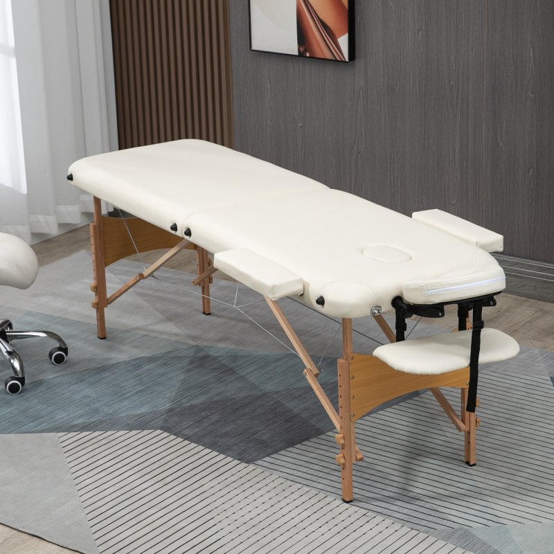 HOMCOM Portable Massage Bed, Folding Spa Beauty Massage Table with 2 Sections, Carry Bag and Wooden Frame, Cream White