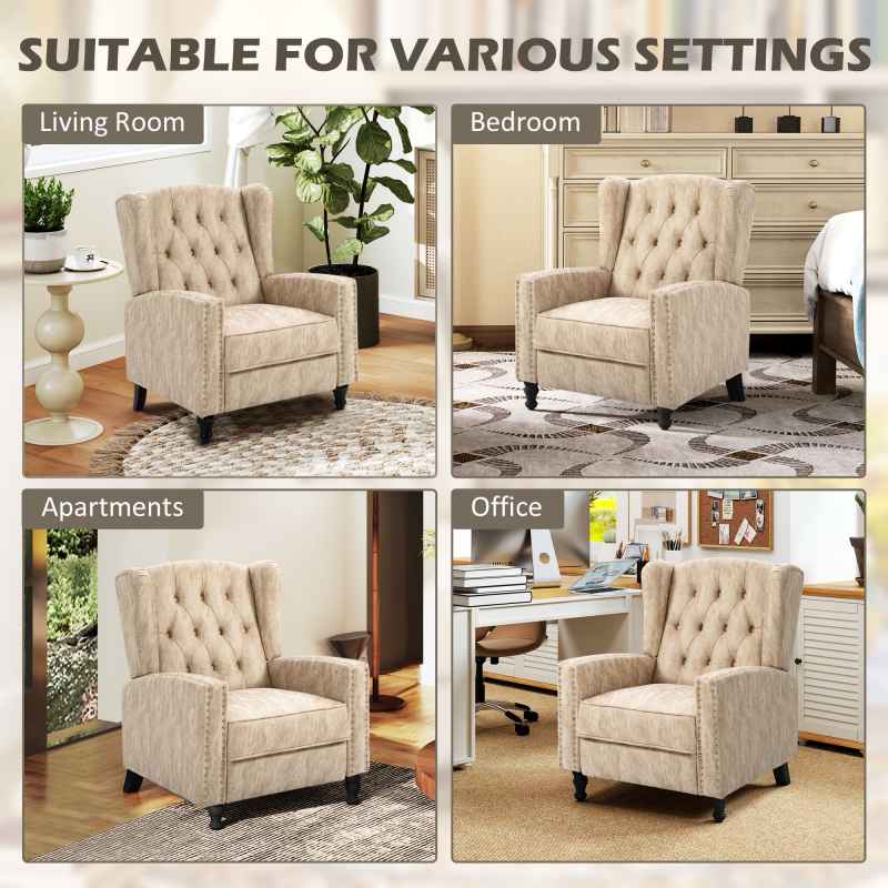 HOMCOM Manual Reclining Armchair with Footrest, Marble Effect Vintage Recliner Chair with Nail Head Trim, Button Tufted Wing Back and Wood Legs, Beige