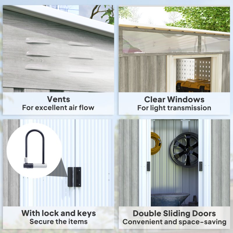 Outsunny 6.5 x 4FT Galvanised Metal Garden Shed with Double Sliding Doors and 2 Vents, Lockable Tool Storage House with Foundation Kit, Light Grey Wood Effect