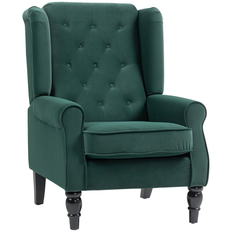 HOMCOM Retro Accent Chair, Velvet Wingback Armchair with Wood Frame Button Tufted Design for Living Room Bedroom, Green