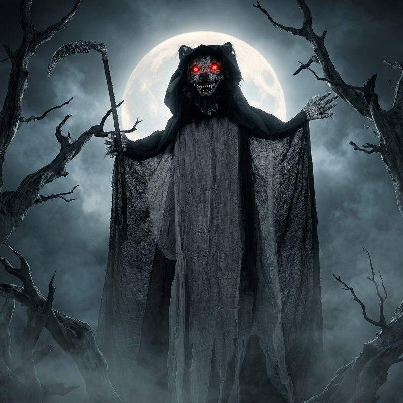 HOMCOM Halloween Animatronic Standing Werewolf Animated Decoration, Life-Size Halloween Animatronic with Light-Up Eyes, Sound and Touch Activated, Moving Head Prop for Haunted House Party