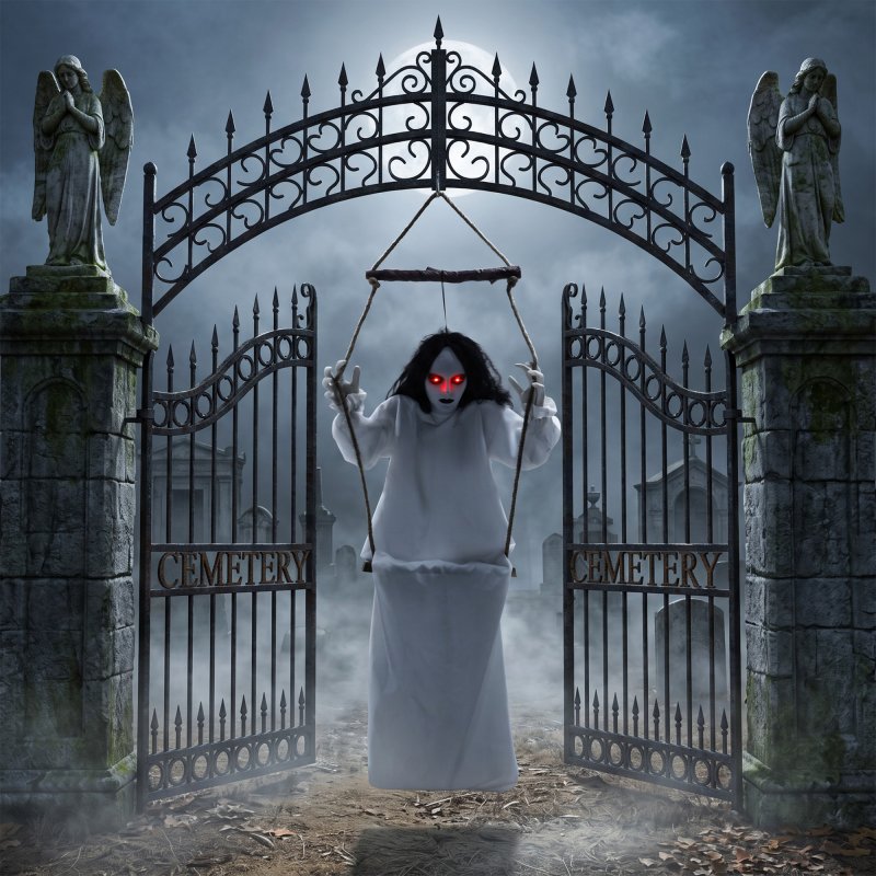 HOMCOM 170cm Animated Hanging Swing Ghost Halloween Decorations Outdoor Indoor, Sound Touch Activated Ghost Halloween Animatronic with Glowing Red Eyes for Haunted House Party Decorations