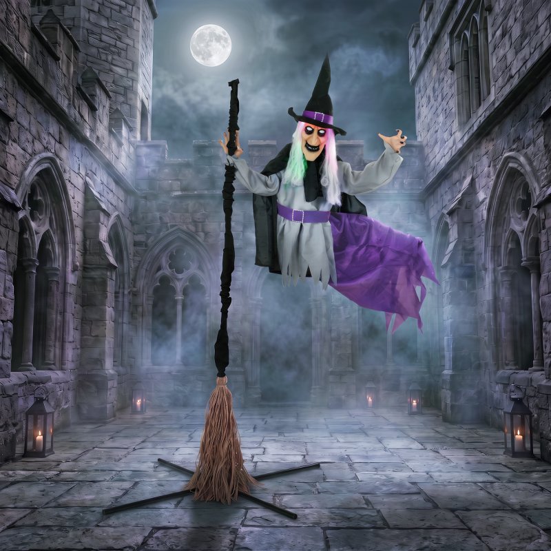 HOMCOM 200cm Life Size Animated Flying Witch Halloween Decorations Outdoor Indoor, Scary Halloween Animatronics Decor with Sound Touch Activated, Light Up Animated Prop for Yard Garden