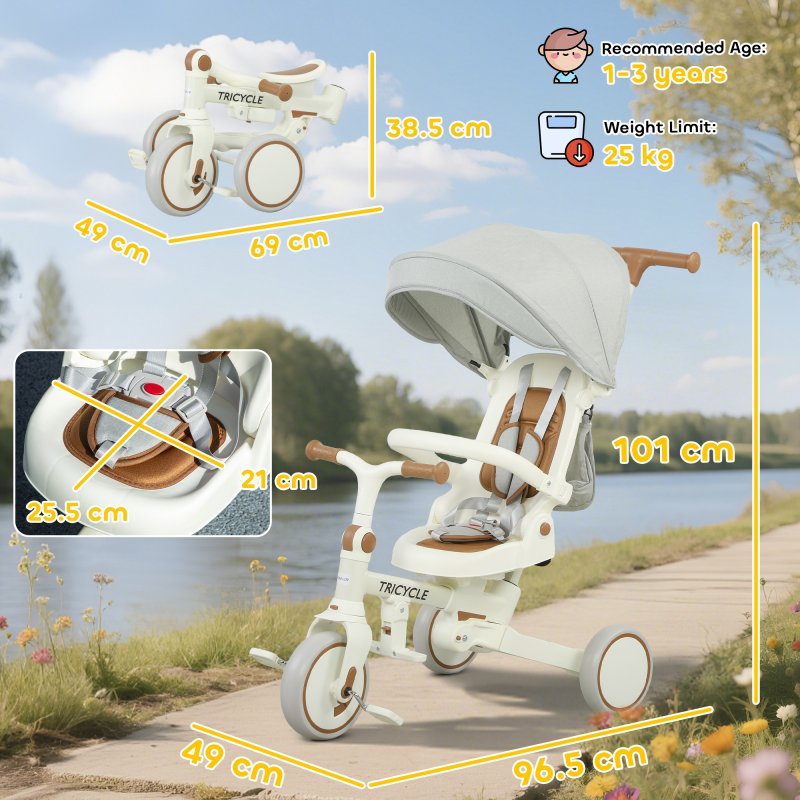 AIYAPLAY Kids Trike, Foldable Toddler Tricycle 5 in 1 with Adjustable Parent Handle & Removable Canopy, 5-point Safety Harness, Footrest, Storage Bag, for Ages 1-3 Years, Cream White