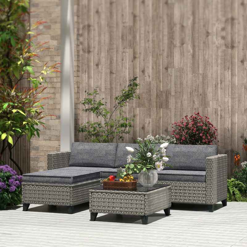 Outsunny 5 Pieces PE Rattan Garden Furniture Set, 4 Seater Garden Corner Sofa Set with Glass Coffee Table, Wicker Outdoor Furniture Set with Cushions for Patio Deck, Dark Grey