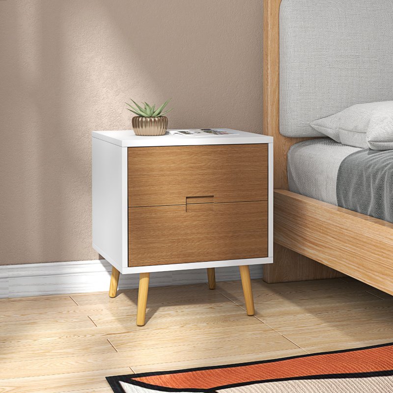 HOMCOM Bedside Table, Modern Nightstand with 2 Drawers, Small Sofa End Table with Storage and Solid Wood Legs for Bedroom, Living Room, Brown