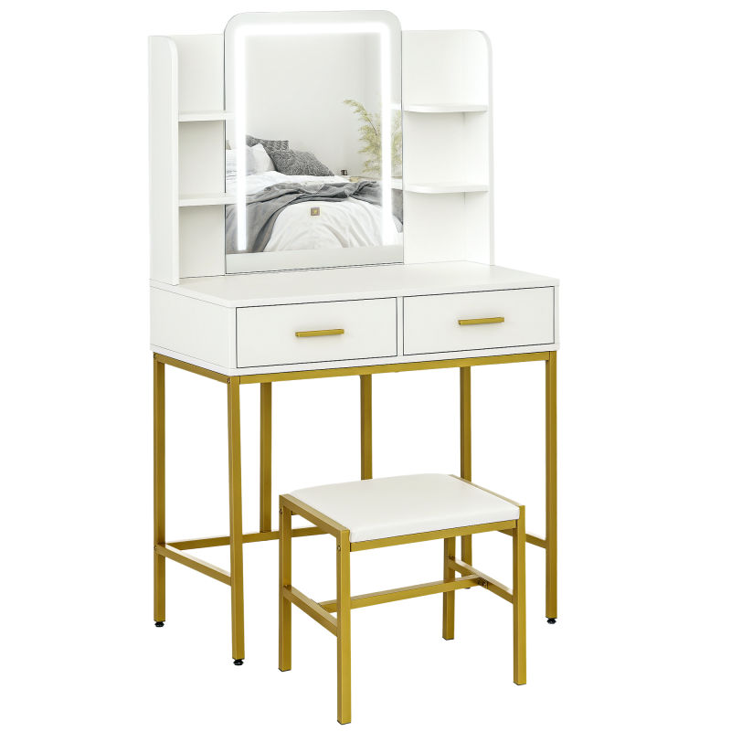 HOMCOM Dressing Table with Mirror, Cushioned Stool, 3 Colour LED Lights, Makeup Vanity Desk Set with Drawers and Open Shelves, Modern Dresser Vanity Table for Bedroom, White