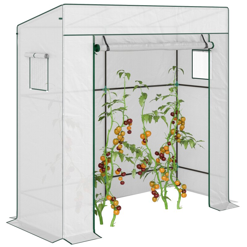 Outsunny Tomato Greenhouse with Reinforced PE Cover, Walk-in Garden Growhouse with Large Roll-up Door and 2 Mesh Windows, Portable Indoor Outdoor Green House, 196L x 77W x 178Hcm, White