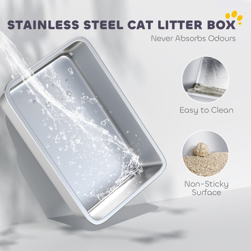 PawHut Cat Litter Tray Stainless Steel, Cat Litter Box High Sided with Metal Litter Scoop, Never Absorbs Odors, Anti Leakage & Easy to Clean, 43 x 33 x 25 cm, Grey