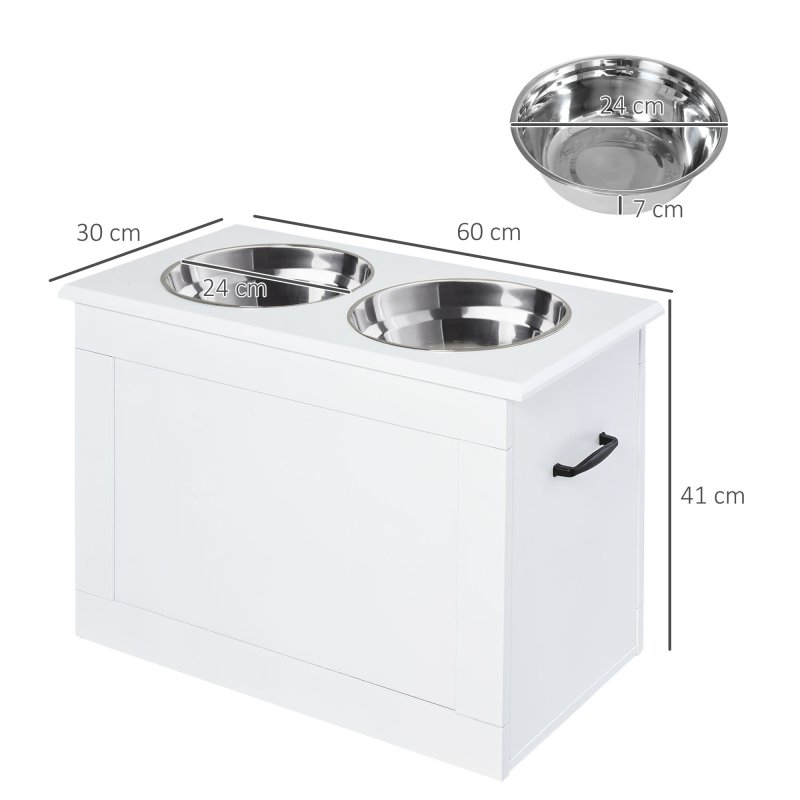 PawHut Raised Dog Bowls, Pet Feeding Storage Station with Two Stainless Steel Bowls, Base, for Large Dogs, White
