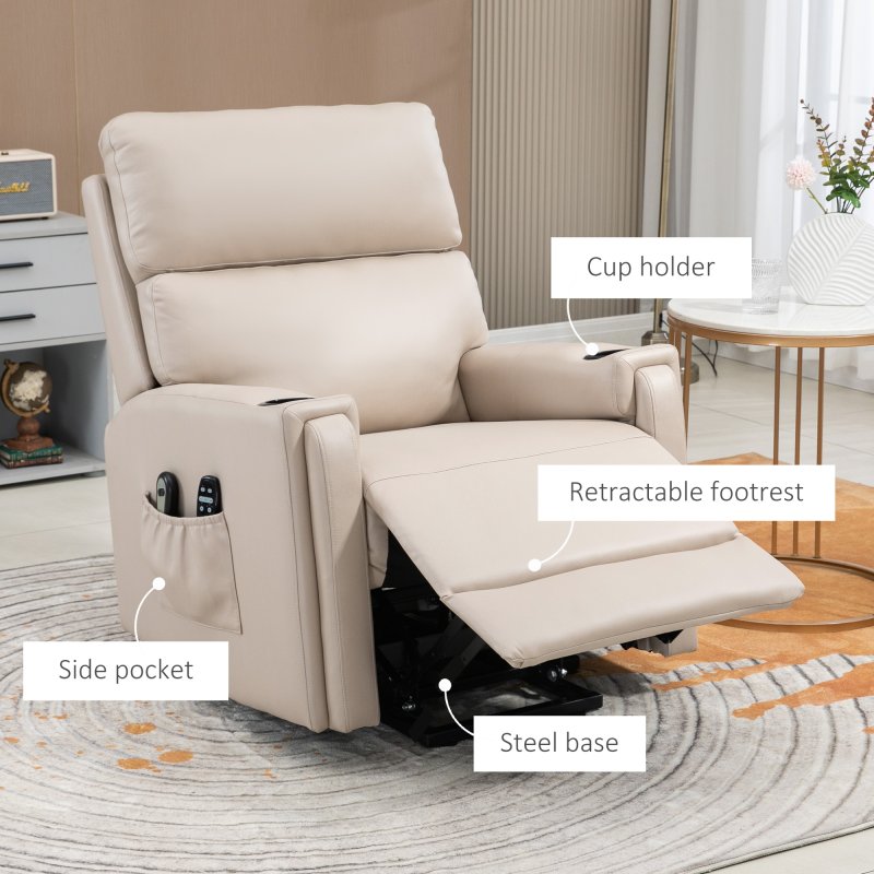 HOMCOM Riser and Recliner Chair for the Elderly, Electric Microfibre Upholstered Lift Chair with Vibration Massage and Heat, Quick Assembly, Remote Control, Cup Holders, Side Pockets, Beige