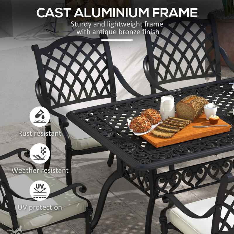 Outsunny 7 PCs Garden Patio Dining Set with Parasol Hole, Cast Aluminium Outdoor Furniture Set with Six Cushioned Chairs and Rectangle Dining Table, for Garden, Lawn, Deck, Black