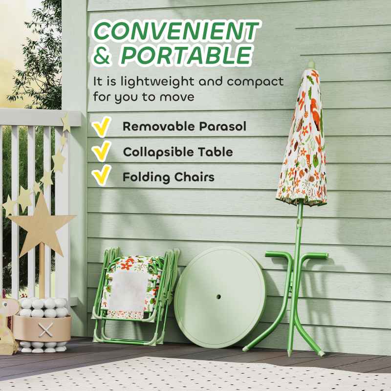 AIYAPLAY Children Table and Chair Set with Adjustable Parasol, 2 Folding Chairs, Picnic Table, Fox Pattern Outdoor Patio Set, for Ages 2-5 Years, Green