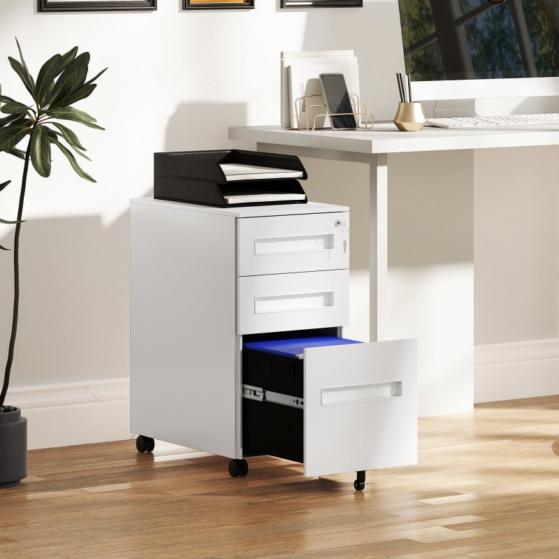 Vinsetto Metal Mobile File Cabinet with Wheels, Lockable 3 Drawer Filing Cabinet for A4, Legal, Letter, Compact Under Desk Storage Unit with Pre-Assembled Body for Home Office, 30 x 43.5 x 60cm, White