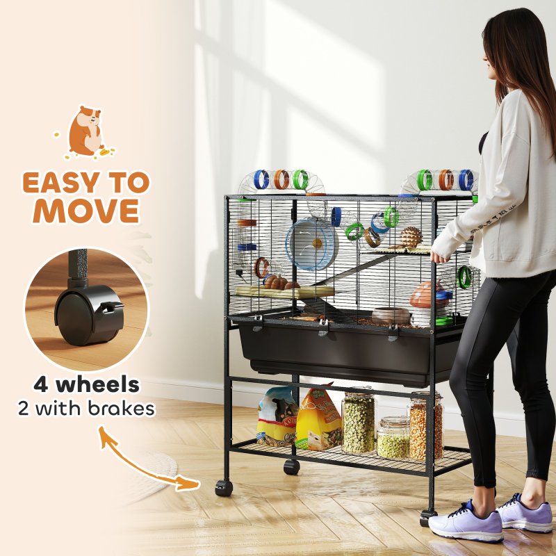 PawHut Hamster Cage, 3 Tier Large Gerbil Cage on Wheels with 17 cm Deep Tray, Storage Shelf, Big Exercise Wheel, Tube System, Hut, Platforms, Ramps, Food Dish, Water Bottle, for Syrian Hamsters, Rats