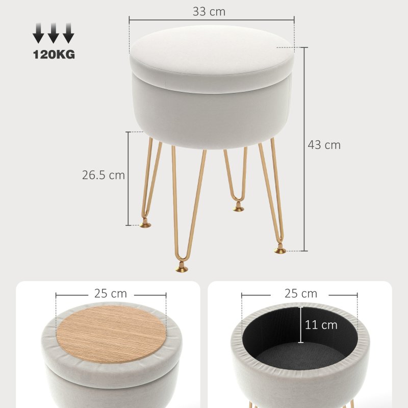 HOMCOM 5L Velvet Storage Ottoman, Modern Round Footstool with Metal Hairpin Legs and Removable Lid, Dressing Table Stool Side Table for Hallway, Bedroom, Living Room, 33 x 33 x 43 cm, Cream White