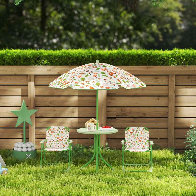 AIYAPLAY Children Table and Chair Set with Adjustable Parasol, 2 Folding Chairs, Picnic Table, Fox Pattern Outdoor Patio Set, for Ages 2-5 Years, Green