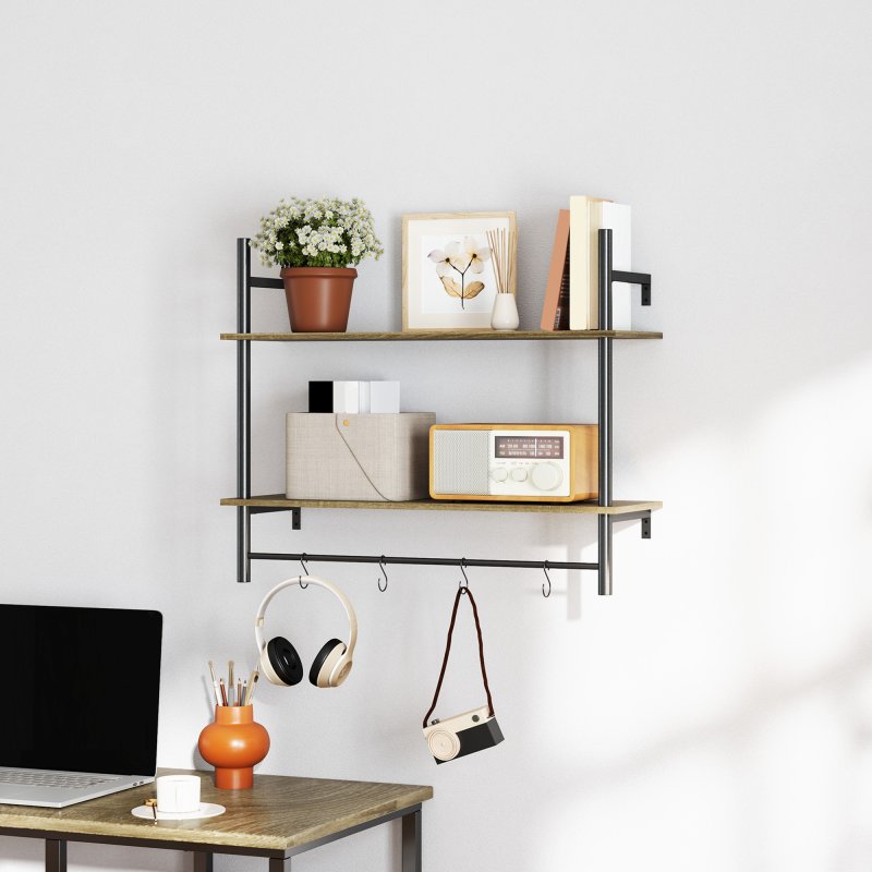 HOMCOM Floating Shelves, 80CM Wall Mounted Shelf with 4 Hooks, Rustic Wood Display Shelf for Living Room, Entryway, Bedroom, Grey