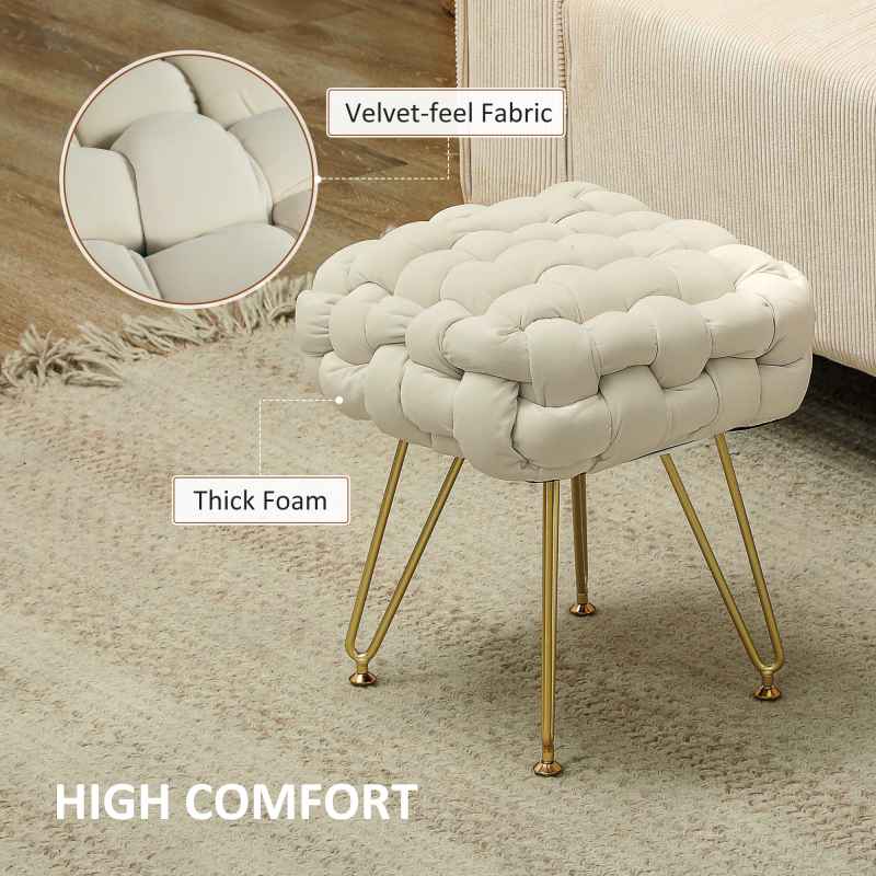HOMCOM Square Foot Stool, Woven Footrest Ottoman with Metal Legs, Padded Makeup Vanity Stool, Velvet Dressing Table Seat for Bedroom