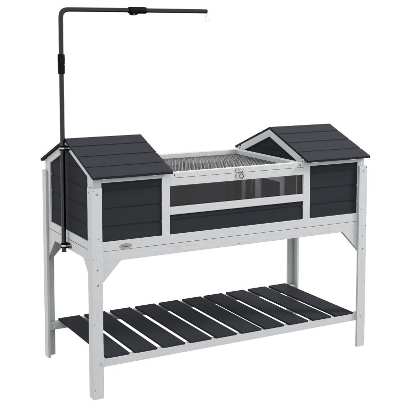 PawHut Tortoise House, Wooden Tortoise Enclosure with Adjustable Lamp Holder, Tortoise Table with Openable Lid, Dual Main Houses, Storage Shelf, Basking Area, Fixed Tray - Grey