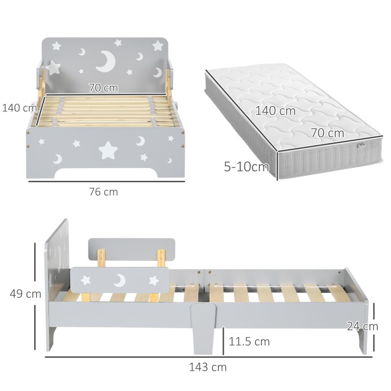 ZONEKIZ Kids Toddler Bed Children's Bedroom Furniture w/ Star and Moon Patterns, Side Rails, for Boys, Girls, Ages 3-6 Years, 143 x 76 x 49cm - Grey