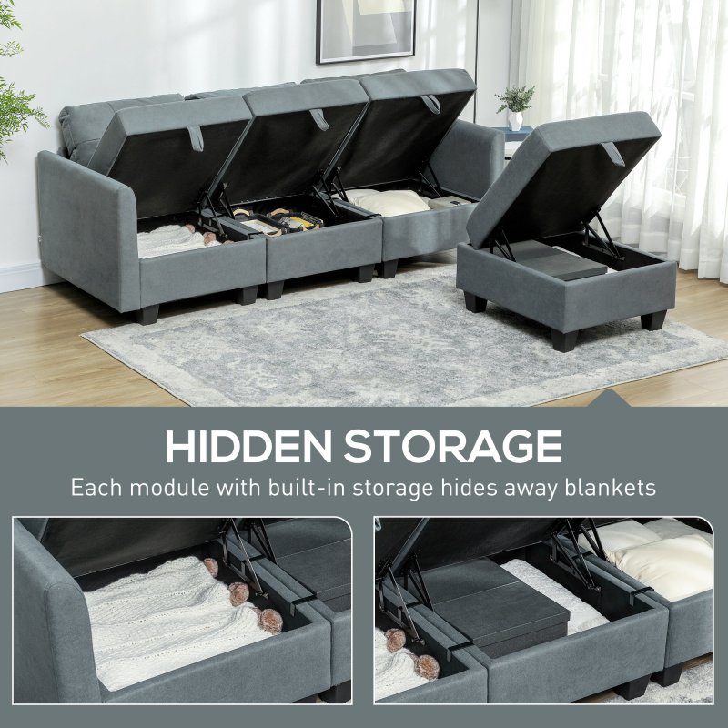 HOMCOM Convertible Modular Sectional Sofa with Storage, Tufted 3 Seater Sofa Set, L Shaped Couch with Ottoman, Wood Frame for Living Room, Dark Grey