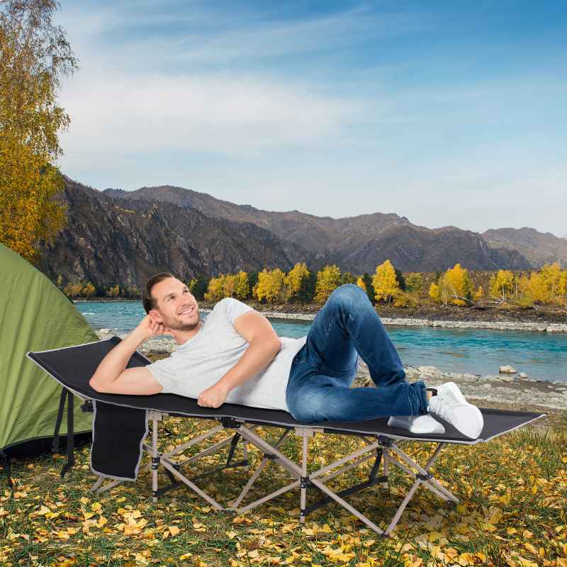 Outsunny Single Person Camping Bed Folding Cot Outdoor Patio Portable Military Sleeping Bed Travel Guest Leisure Fishing with Side Pocket and Carry Bag - Black