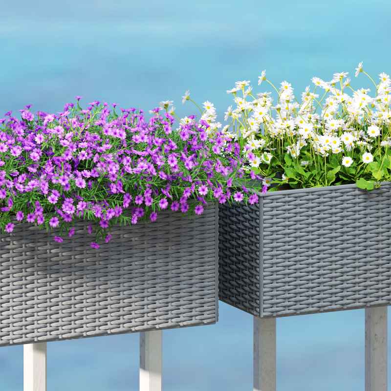 Outsunny Set of 2 Hanging Flower Boxes, 50 cm Long, Rattan Look Flower Pot with Drainage Holes and Hooks, Railing Box for Fence Balcony Garden, Grey